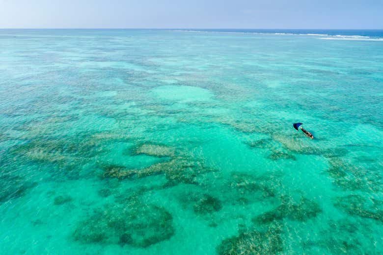 Vistas das águas de Zanzibar do parasailing