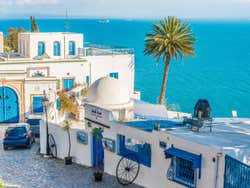 Case bianche e blu di Sidi Bou Said con il mare sullo sfondo