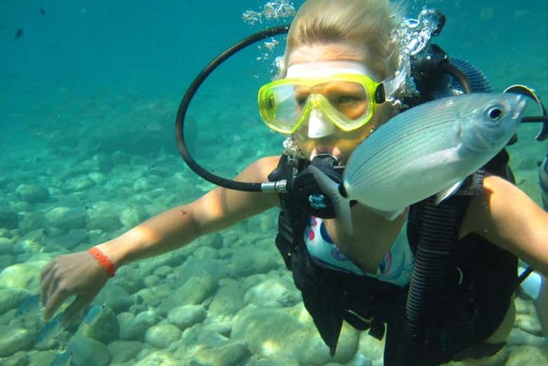 Femme plongeant à côté d'un poisson