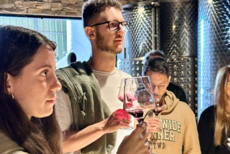 Apreciando a visita com uma taça de vinho na mão